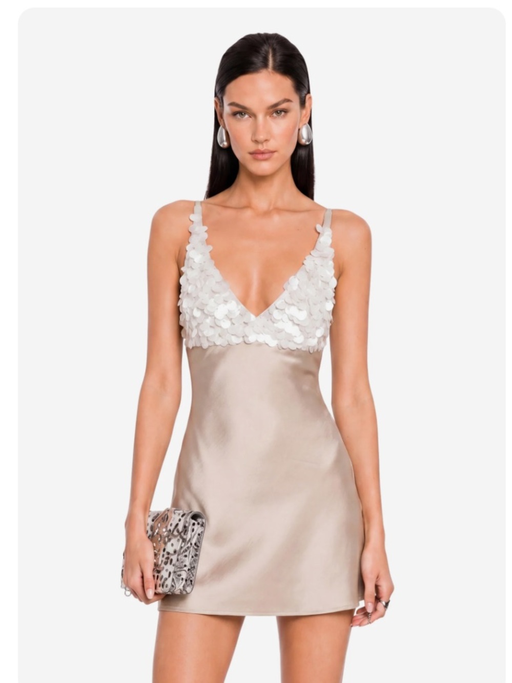Sequined Bodice Satin Mini Dress in Champagne